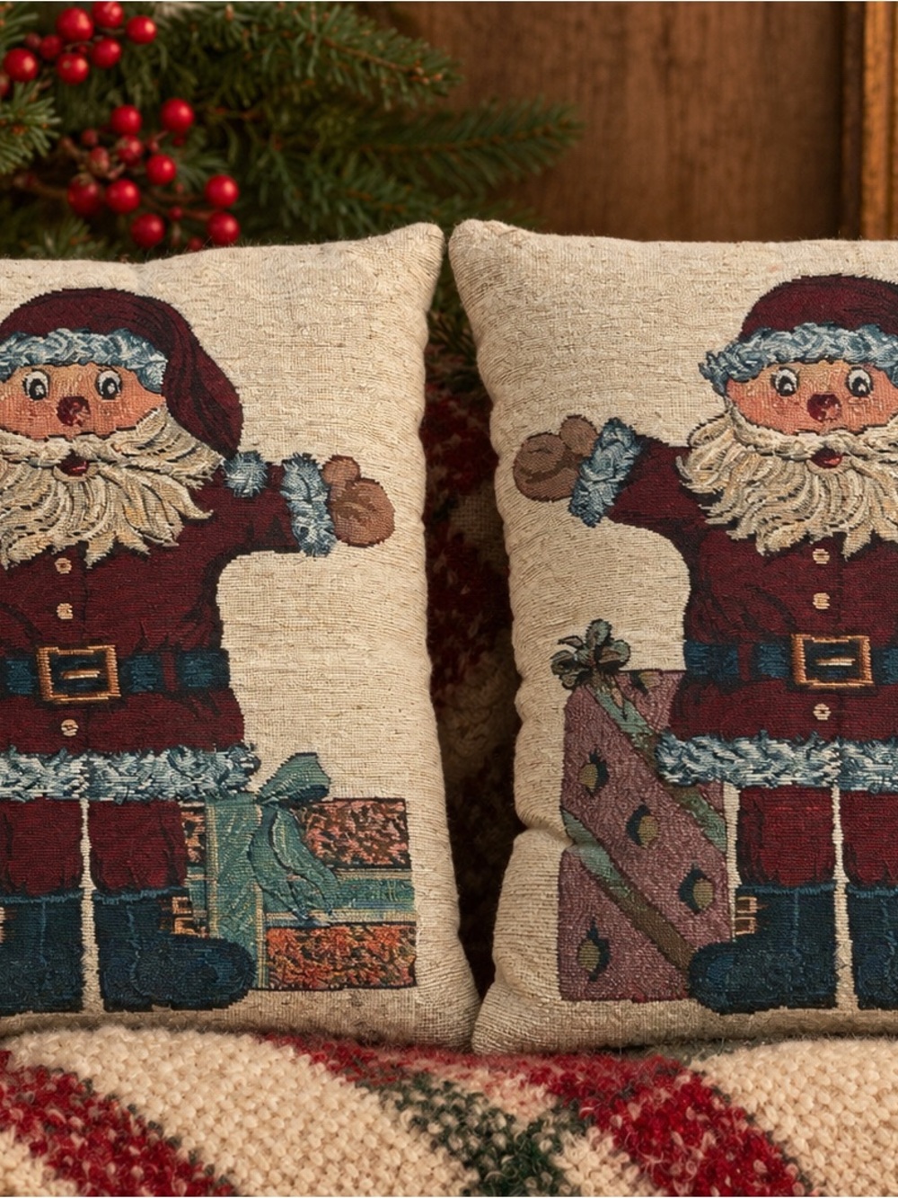 Vintage Tapestry Holiday Santa Decorative Throw Pillow Pair - Beige and Burgundy